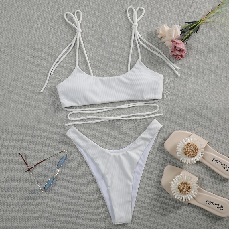 

Rib Tie Shoulder High Cut Bikini Swimsuit, White