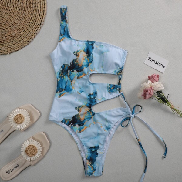 

Water Color Cut-out One Shoulder One Piece Swimsuit, Blue