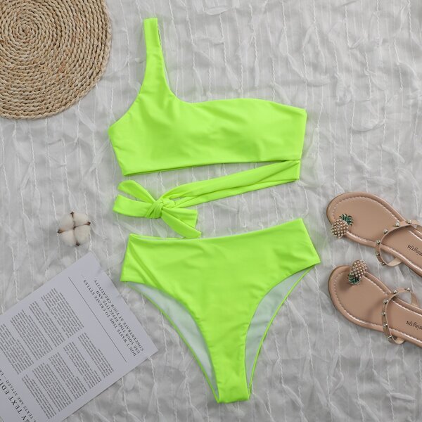 

Neon Lime One Shoulder Bikini Swimsuit, Neon lime green