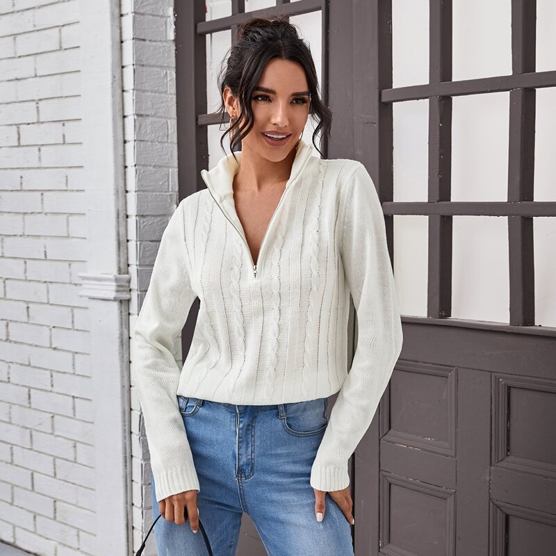 

Zip Half Placket Cable Knit Sweater, White