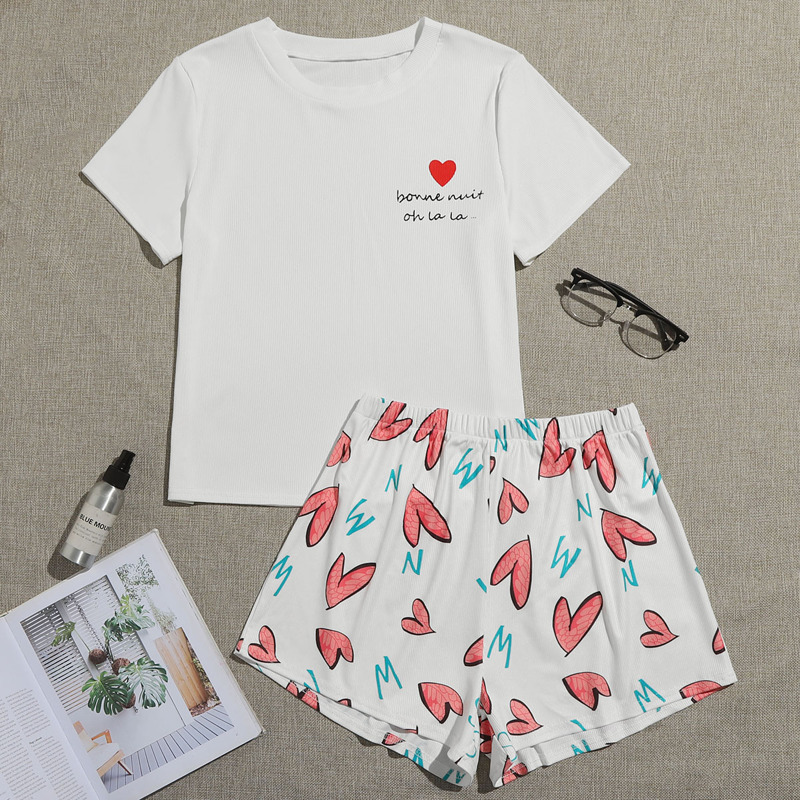 

Slogan & Heart Print Top & Shorts PJ Set, White