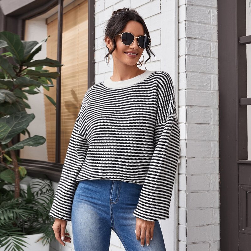 

Drop Shoulder Striped Sweater, Black and white