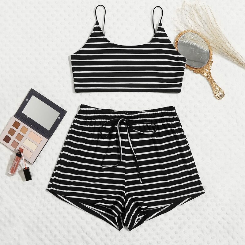 

Striped Cami Top & Knot Waist Shorts Lounge Set, Black and white