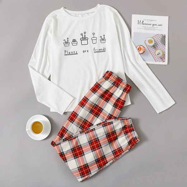 

Slogan And Plaid Print Pajama Set, Red and white