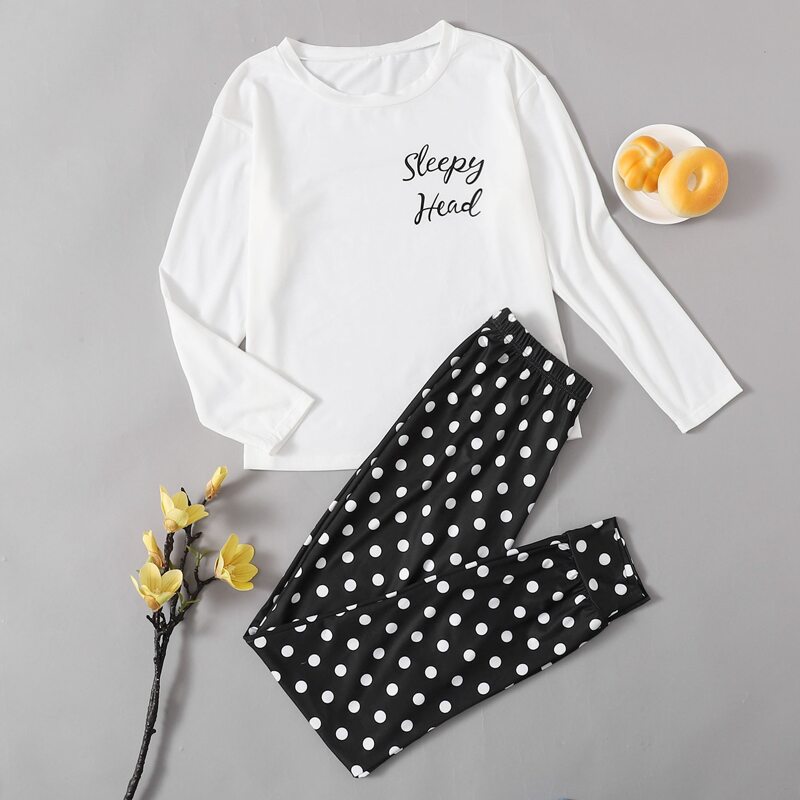 

Letter And Polka Dot Print Pajama Set, Black and white