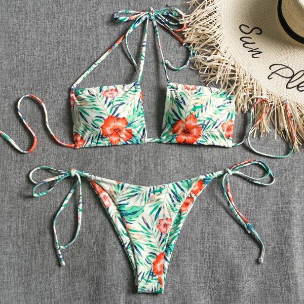 

Tropical & Floral Tie Side Bikini Swimsuit, Multicolor