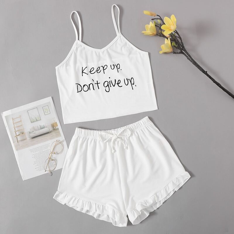 

Slogan Graphic Ruffle Hem Pajama Set, White