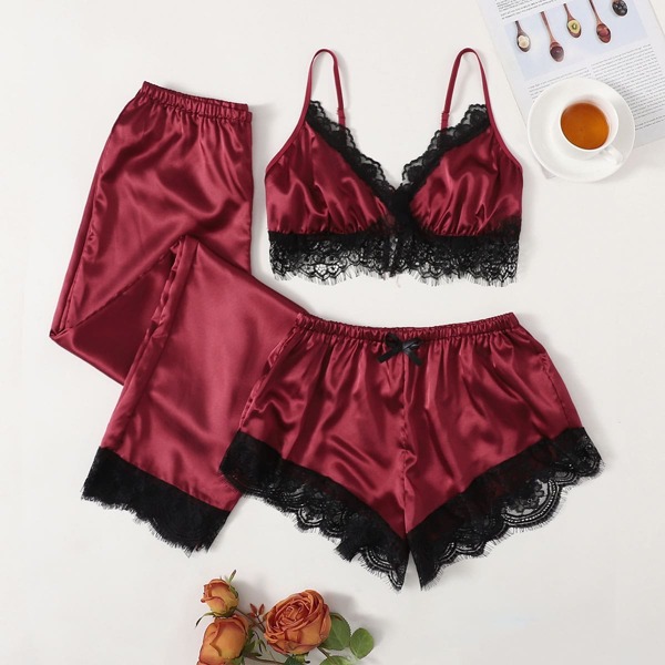 

3 Pack Satin Contrast Lace Night Set, Burgundy