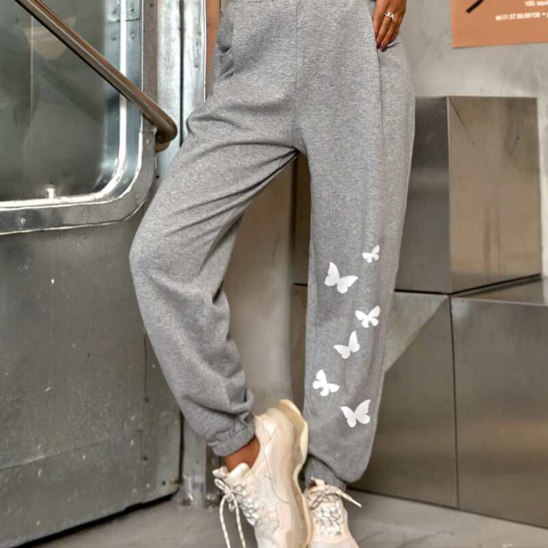 

Butterfly Print Elastic Waist Sweatpants, Grey