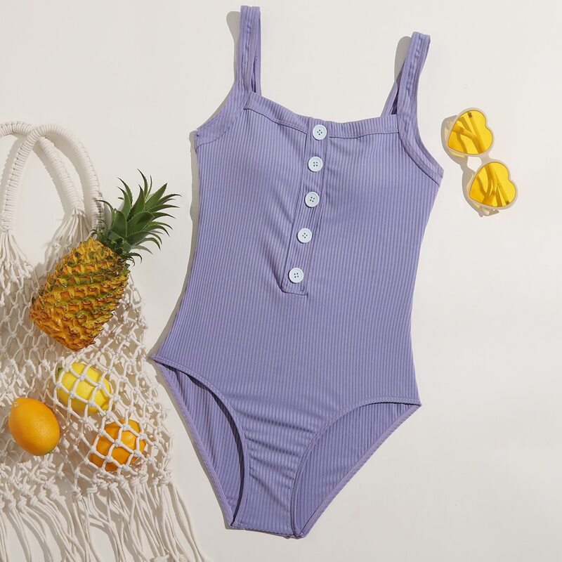 

Button Front One Piece Swimsuit, Lilac purple