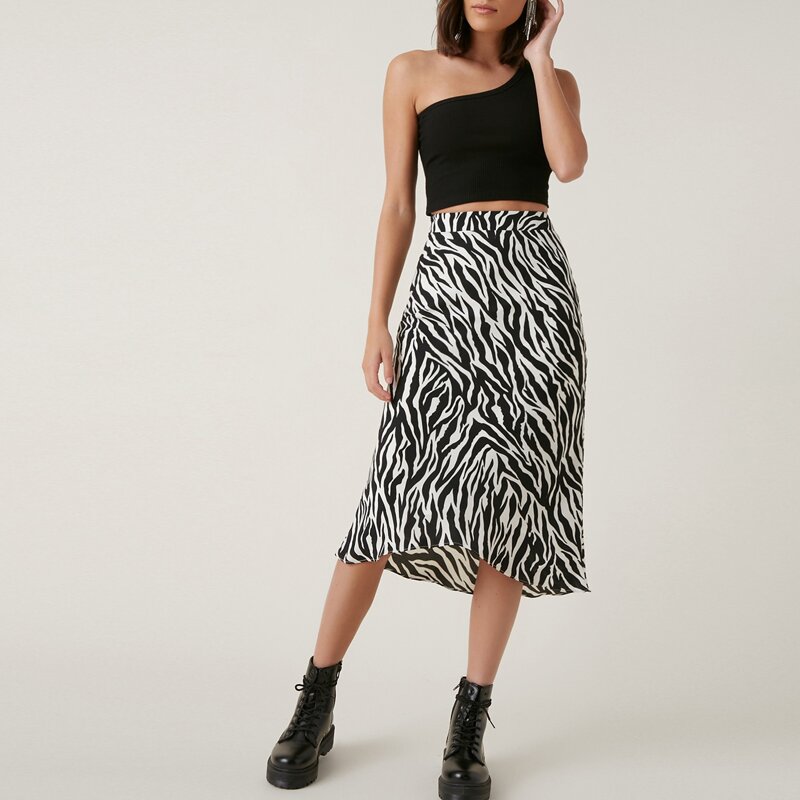 

Asymmetrical Hem Zebra Striped Skirt, Black and white