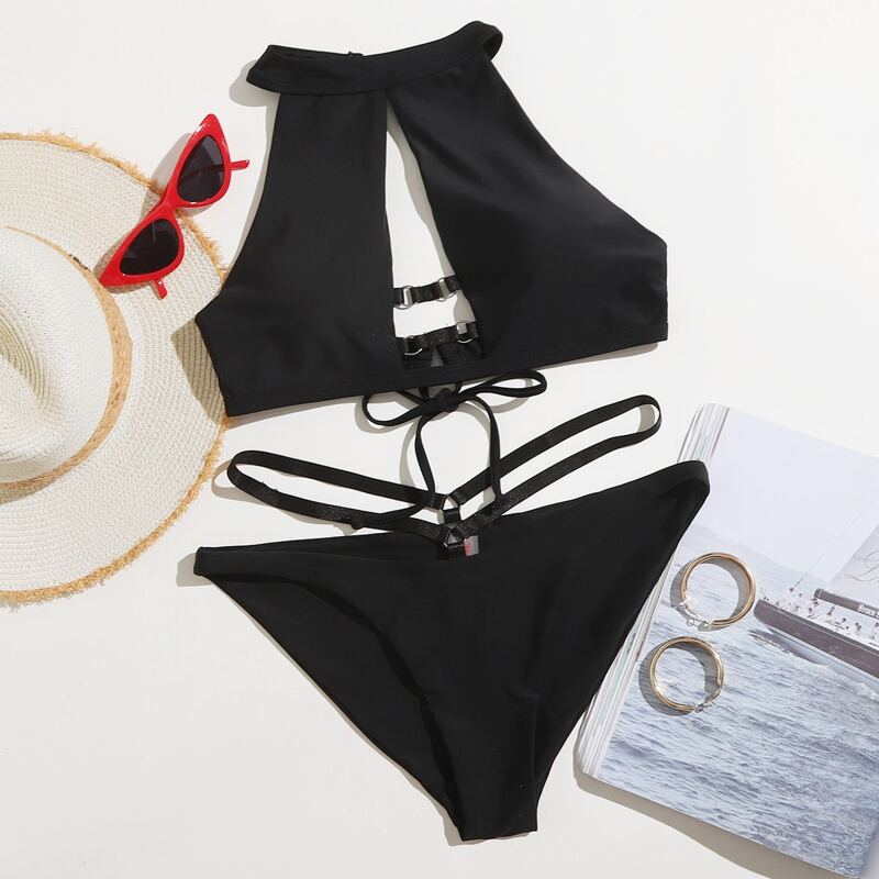 

Solid Cut Out Bikini Swimsuit, Black