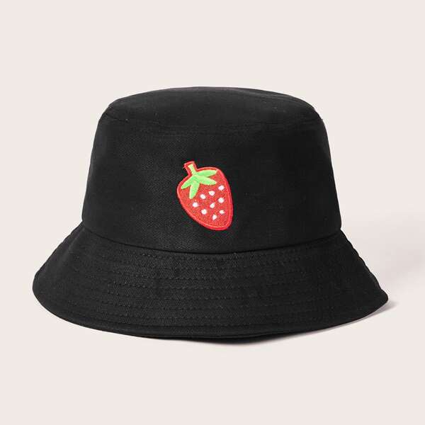 

Strawberry Embroidery Bucket Hat, Black