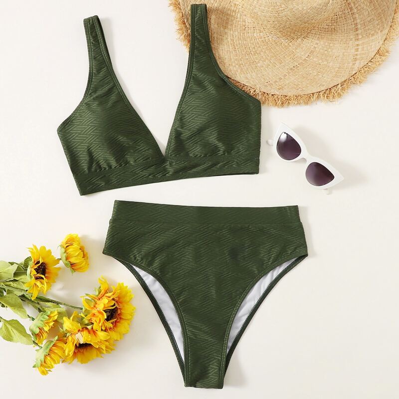 

Solid High Waist Bikini Swimsuit, Dark green