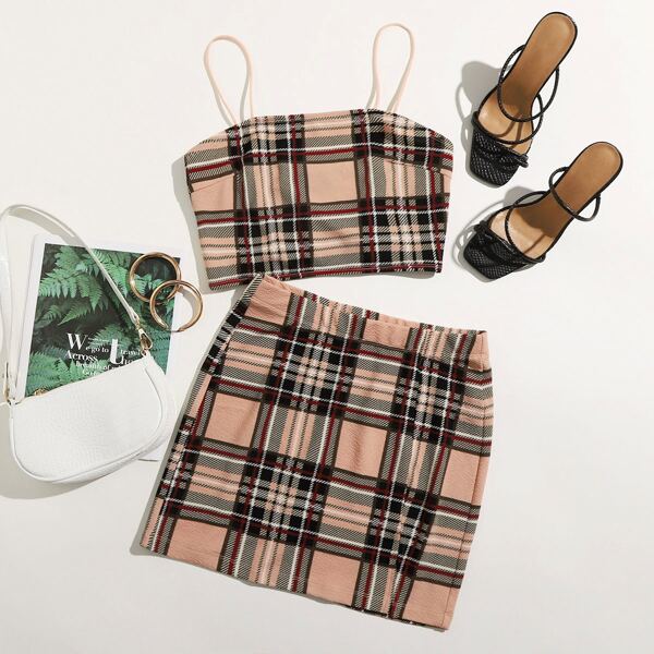 

Plaid Cami Top & Skirt Set, Multicolor