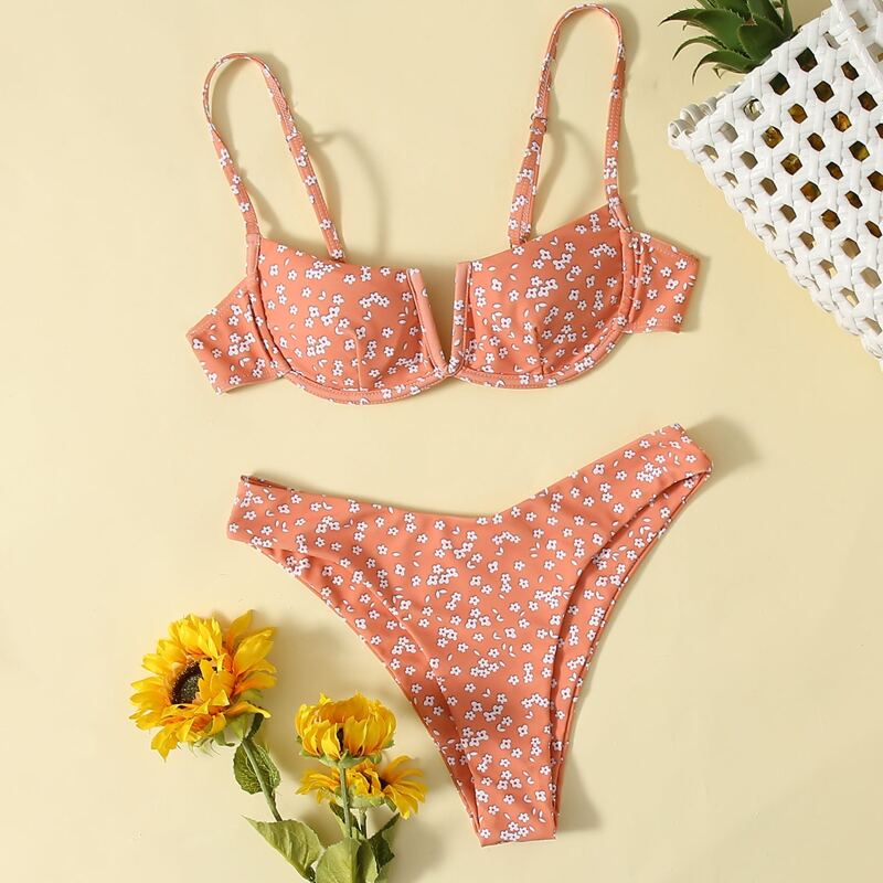 

Ditsy Floral V Wired Push Up Bikini Swimsuit, Coral orange
