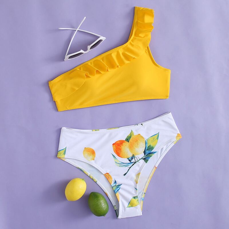 

One Shoulder Ruffle Lemon Print Bikini Swimsuit, Yellow