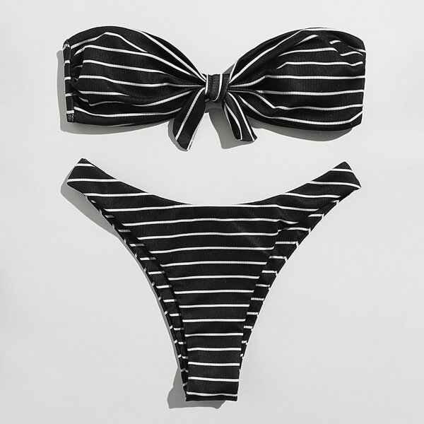 

Pinstripe Knot Front Bandeau Bikini Swimsuit, Black and white