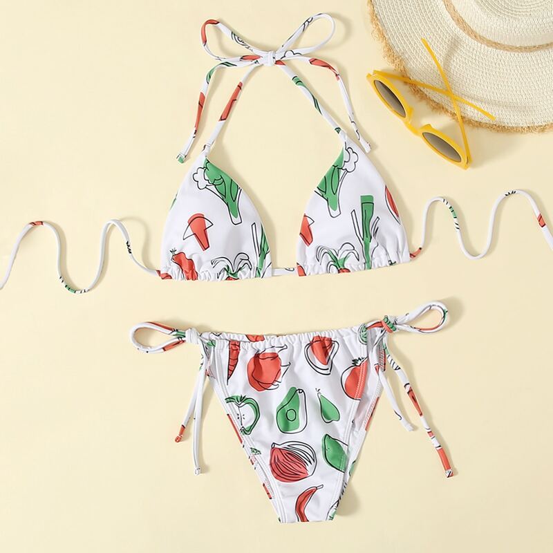 

Cartoon Print Tie Side Bikini Swimsuit, Multicolor