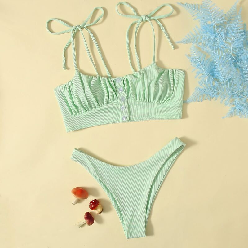 

Solid Ruched Bust Bikini Swimsuit, Mint green