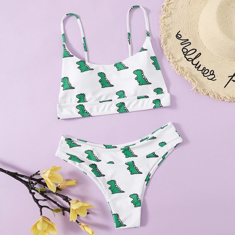 

Cartoon Dinosaur Print Bikini Swimsuit, Multicolor
