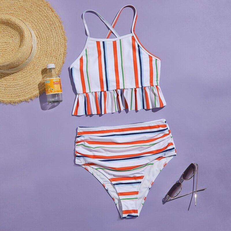 

Colorful Striped High Waist Bikini Swimsuit, Multicolor