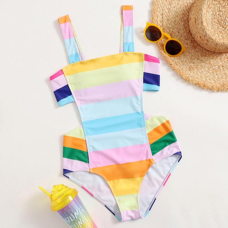 

Colorful Striped Cut Out One Piece Swimsuit, Multicolor