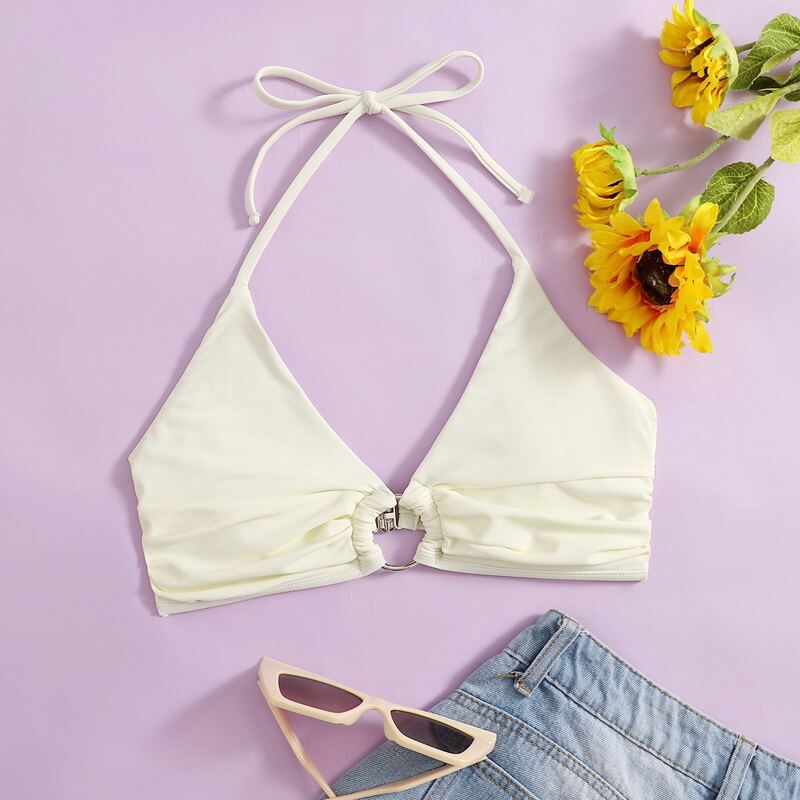 

Solid O-ring Linked Halter Bikini Top, Beige