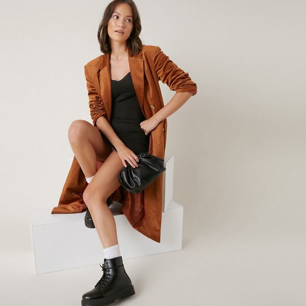 

Notched Collar Buttoned Front Cord Coat, Brown