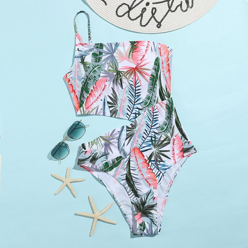 

Leaf Print Cut Out One Piece Swimsuit, Multicolor