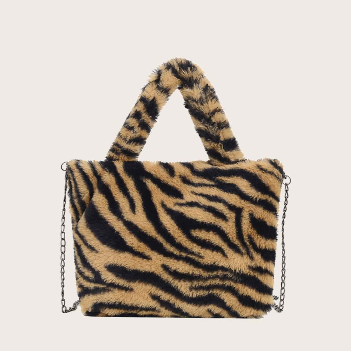 

Tiger Pattern Faux Fur Teddy Tote Bag, Brown