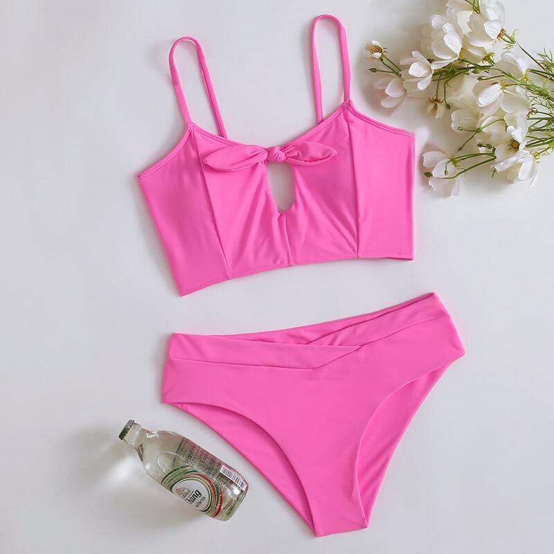 

Solid Knot Front Cut-out Bikini Swimsuit, Hot pink