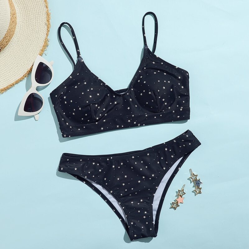

Allover Star Print Bikini Swimsuit, Black