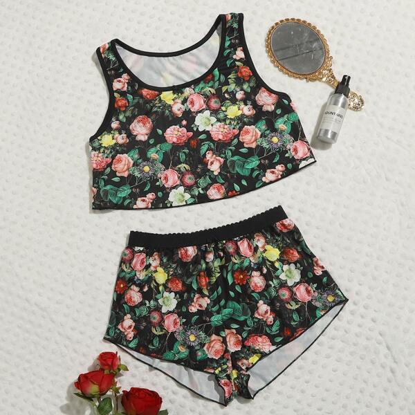 

Allover Floral Print Scallop Trim Night Set, Multicolor