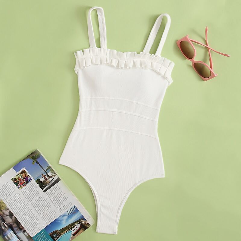 

Solid Frill Trim One Piece Swimsuit, White