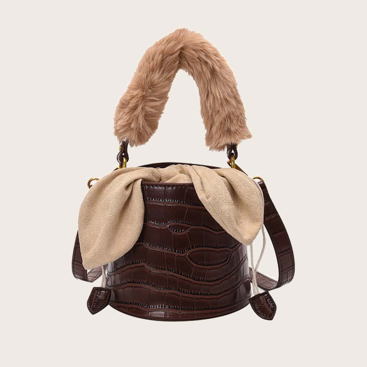 

Faux Fur Strap Croc Effect Bucket Bag, Brown