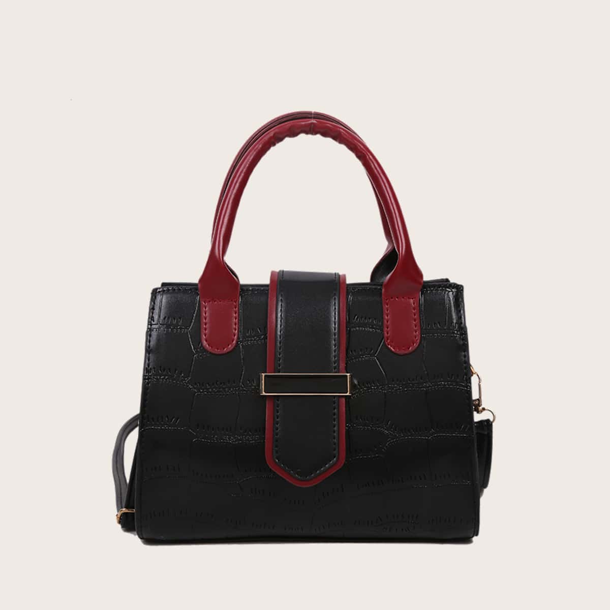 

Croc Effect Contrast Trim Buckle Bag, Black
