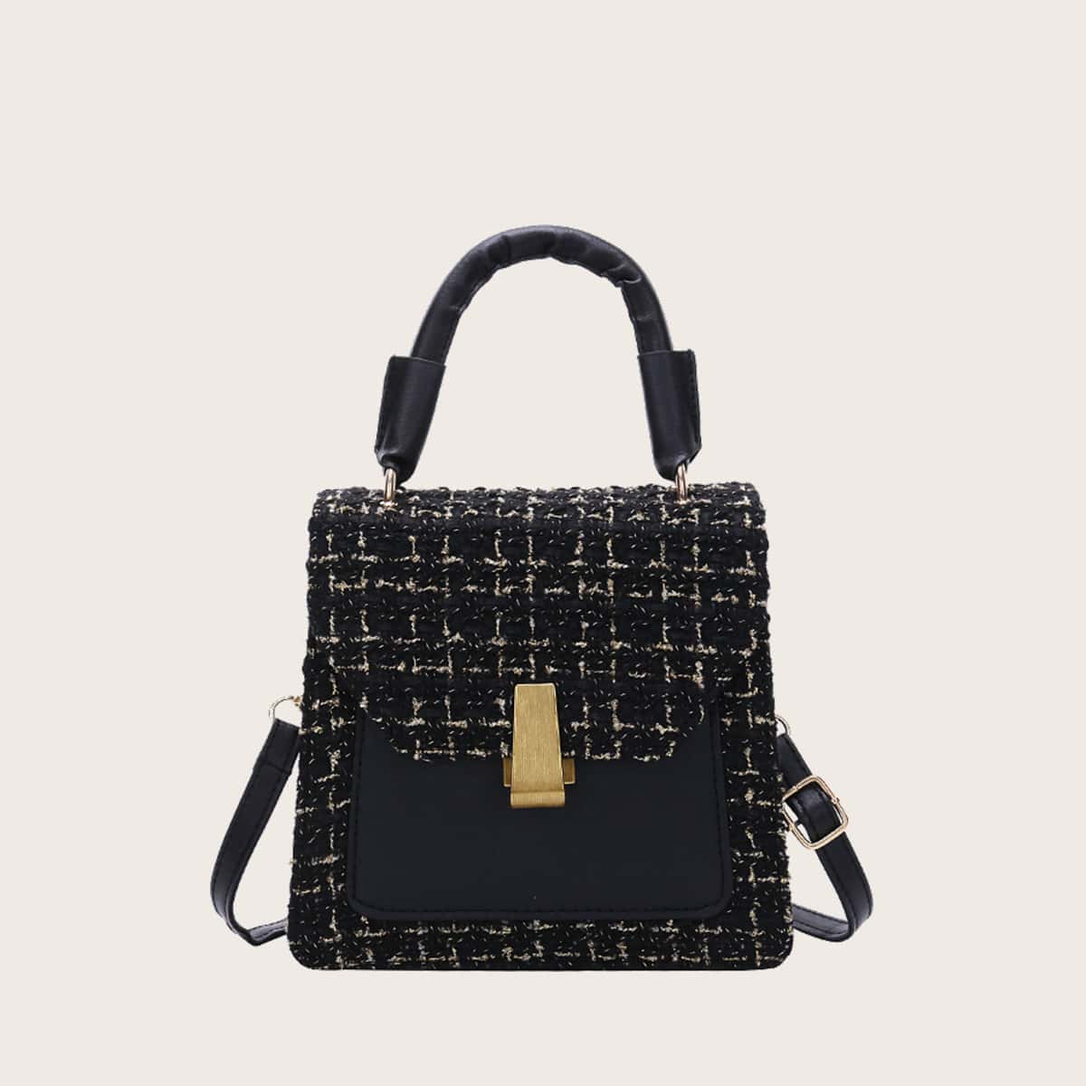 

Tweed Flap Satchel Bag, Black