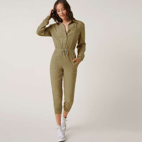

Collared Pocket Front Drawstring Waist Jumpsuit, Khaki