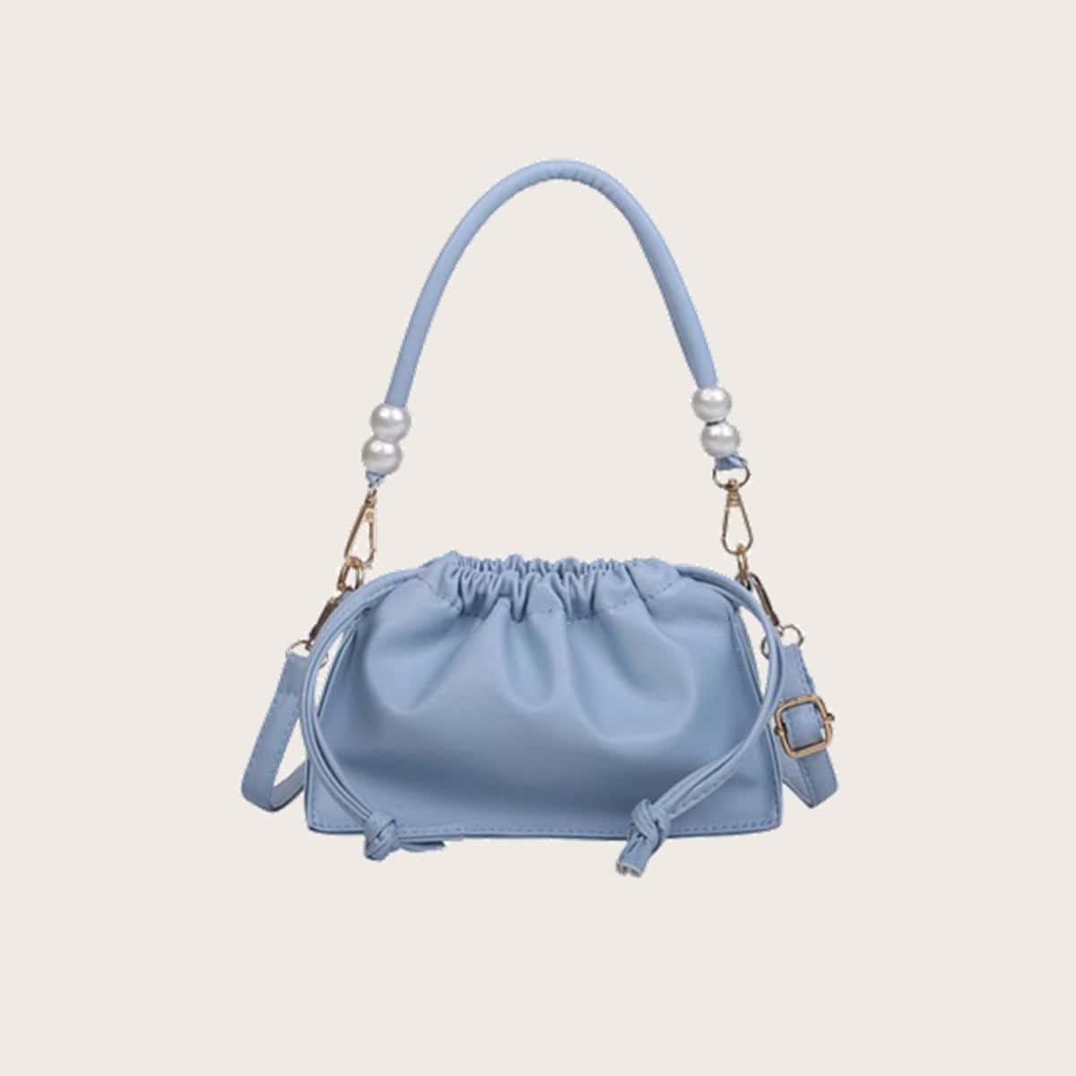 

Faux Pearl Detail Drawstring Shoulder Bag, Blue