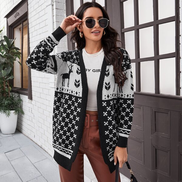 

Open Front Christmas Pattern Cardigan, Black and white