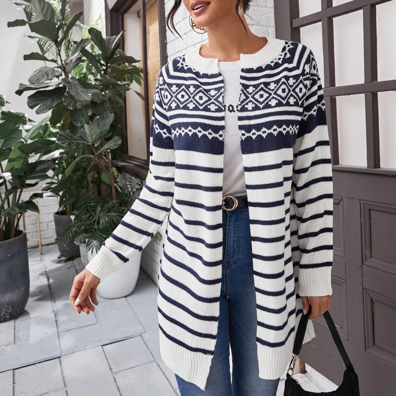 

Open Front Geo and Striped Cardigan, Blue and white