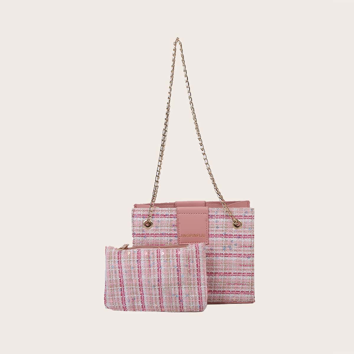

Sequin Tweed Shoulder Bag With Inner Bag, Pink