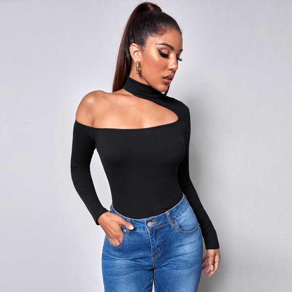 

Cutout Shoulder Rib-knit Tee, Black