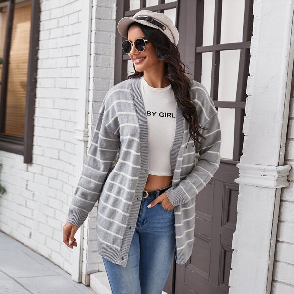 

Drop Shoulder Striped Cardigan, Light grey