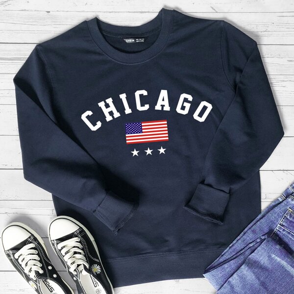 

American Flag And Letter Graphic Sweatshirt, Navy blue