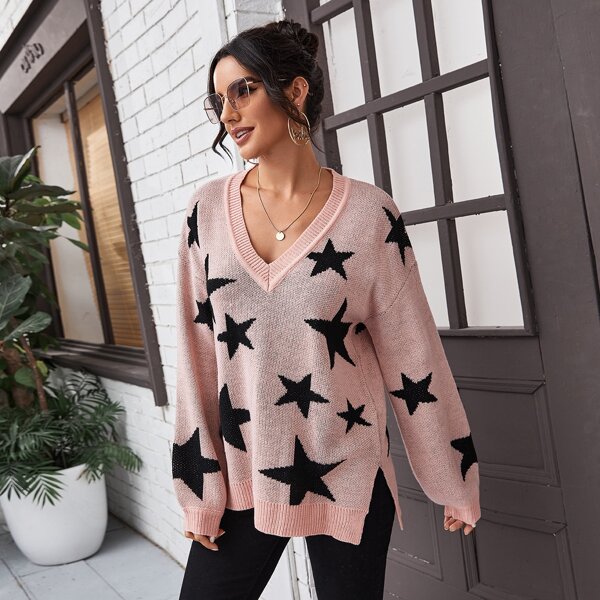 

Drop Shoulder Slit Hem Star Pattern Sweater, Dusty pink