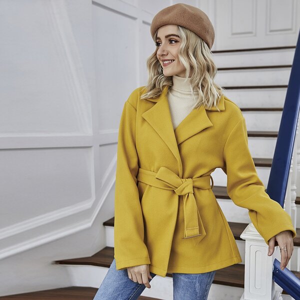 

Lapel Collar Solid Belted Overcoat, Yellow