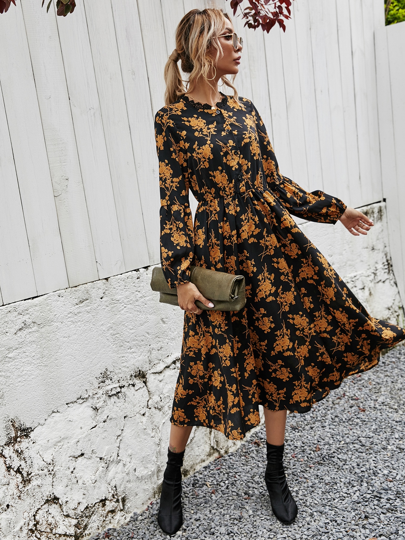 Allover Floral Lace Trim Button Up Shirt Dress thumbnail