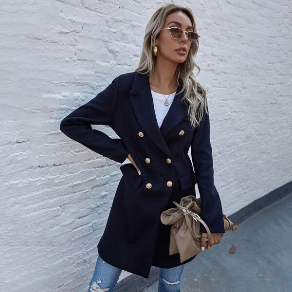 

Lapel Collar Double Breasted Coat, Navy blue